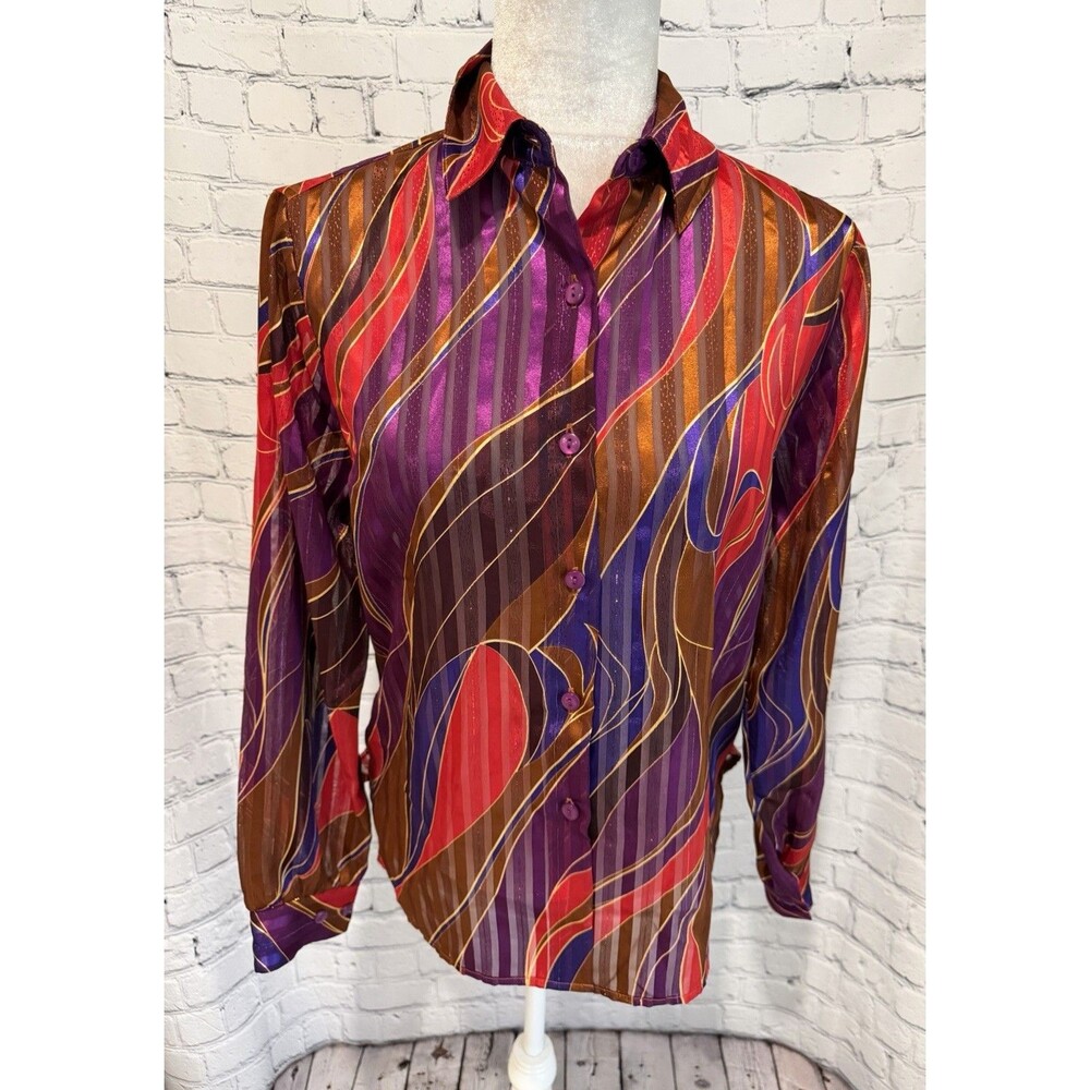Apparenza Women's Multicolor Sheer Striped Blouse Purple Red Gold shirt Small